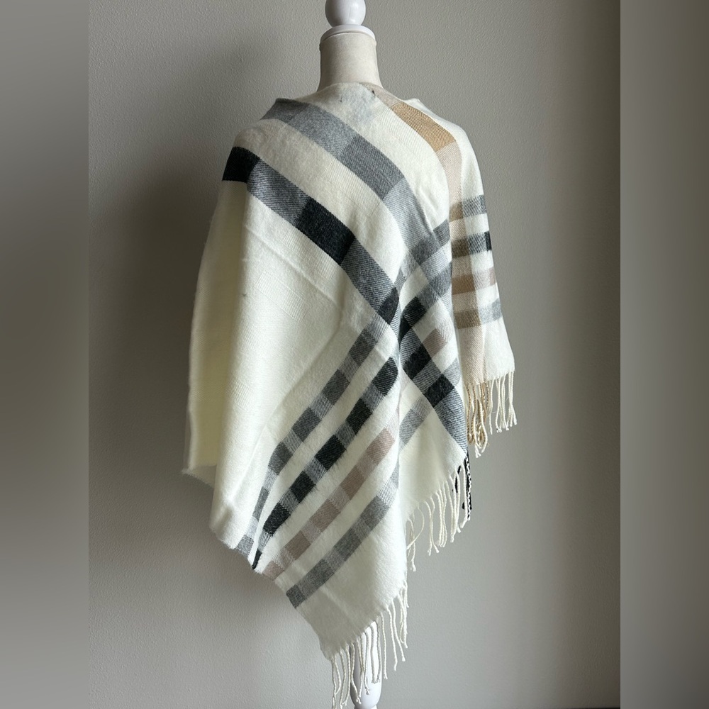 Fraas Plaid Brushed Poncho Cream Gray Tan One Size